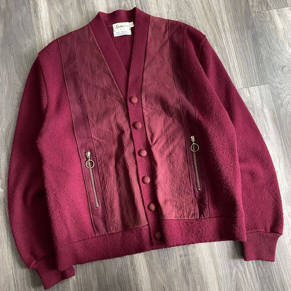 Vintage 1960s Cardigan Sweater Size M Suede Acrylic Talon Zip Maroon Textured - Picture 1 of 8